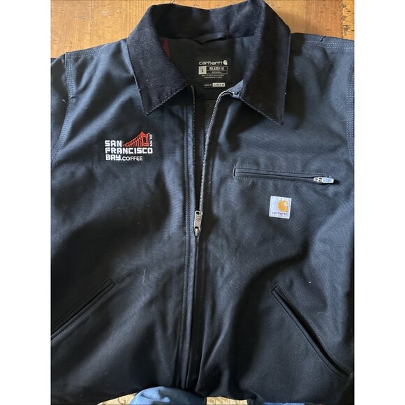 carhartt jacket Black Denim flannel
 Lined Size Large Coffee Logo Detroit - Picture 6 of 9